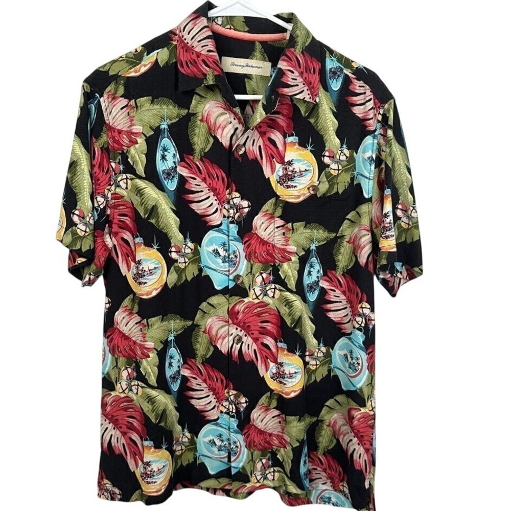 Tommy Bahama Mens Silk Camp Shirt Small Black Christmas Tropical Ornaments Print
